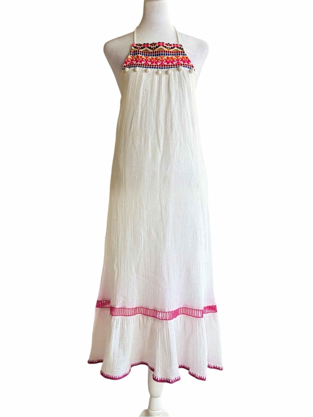 SAYLOR White Halter Cotton Maxi Dress with Pink Embroidery